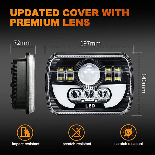 Universal Jeep LED Headlight Projector Rectangular Style 5x7 Square Sealed Beam With DRL Hi/Low 2 Pc