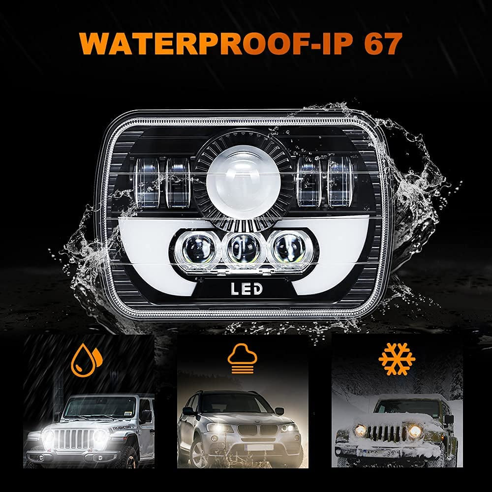 Universal Jeep LED Headlight Projector Rectangular Style 5x7 Square Sealed Beam With DRL Hi/Low 2 Pc