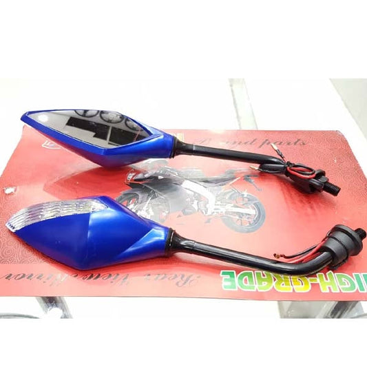 Universal Bike Side Mirror With Indicator blue 2 Pcs Set